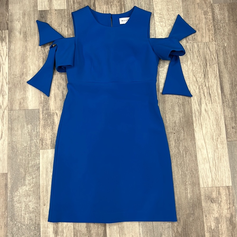 Beautiful blue crepe cold shoulder bow sleeve  Milly Dress